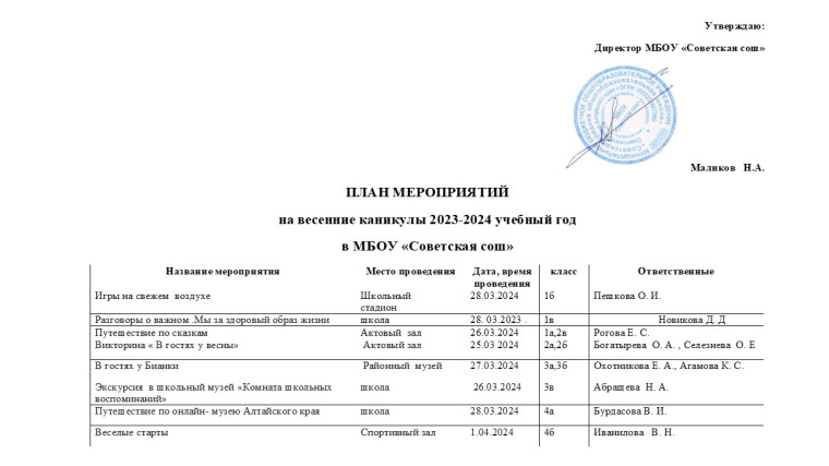 План работы на каникулы.